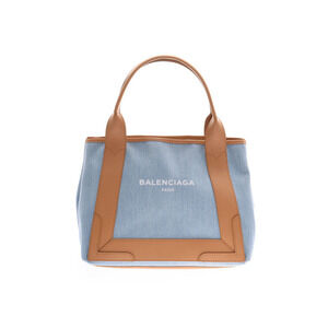 Balenciaga Navy Blue Cabas Beige Tan Denim Leather Tote Bag Pouch